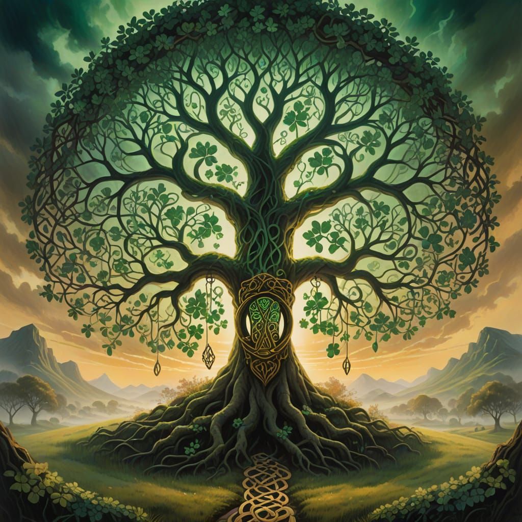 Ethereal Celtic Tree of Life at Sunrise in Neo-Surrealist St...