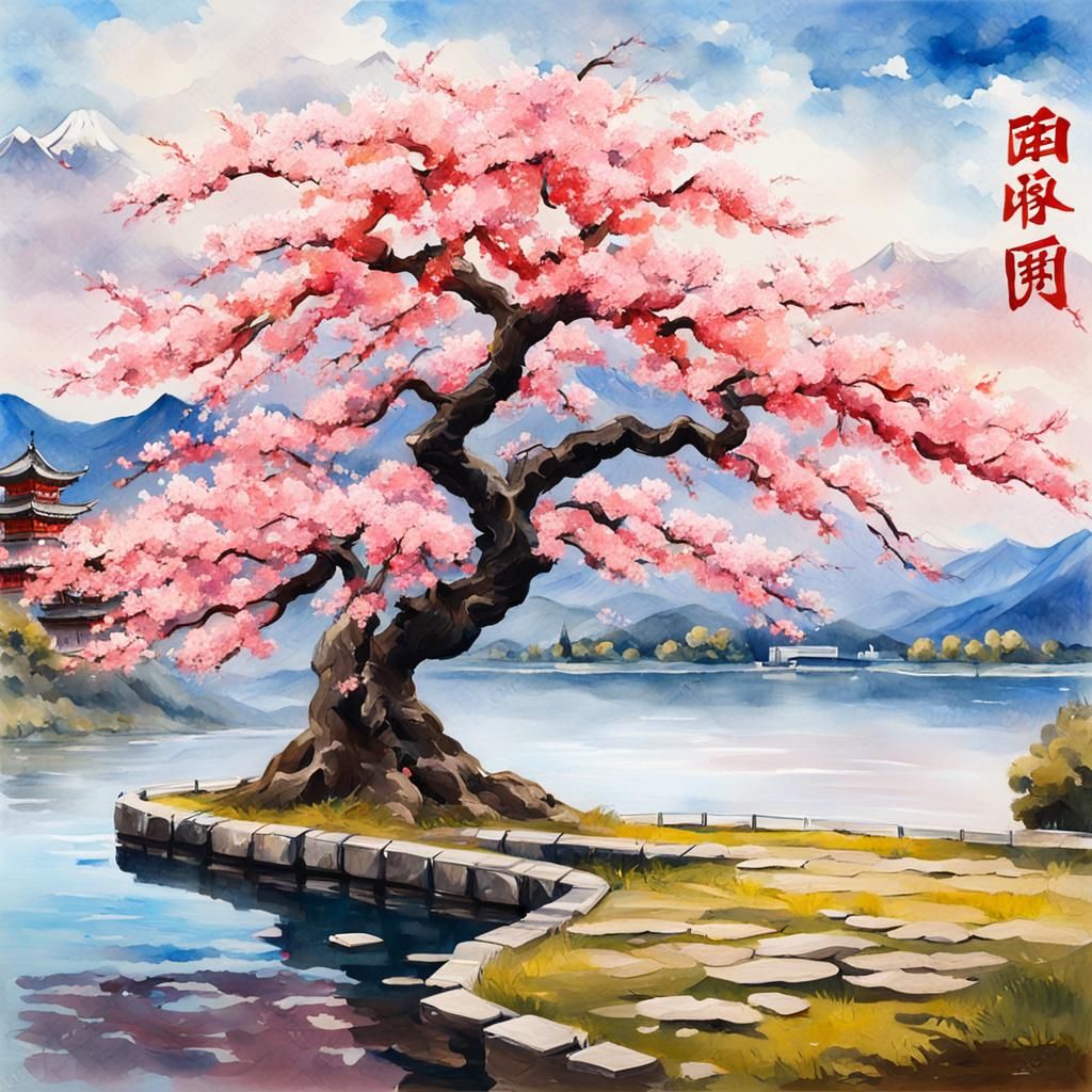 Sakura Tree by Lake: Gouache and Watercolor Impressionism