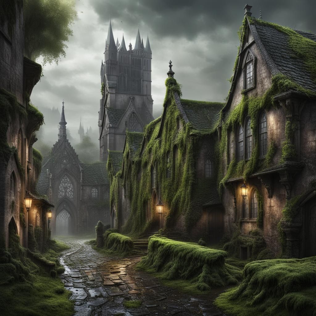 Detailed Gothic Townscape with Moss and Ivy
