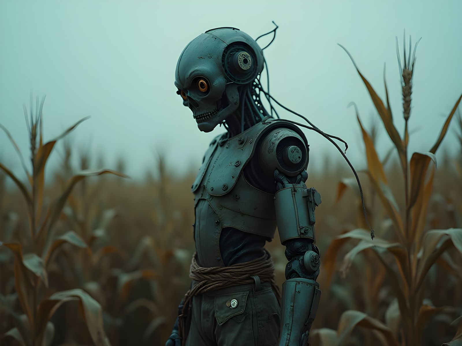 Biomechanical Scarecrow in Glitching Futuristic Cornfield