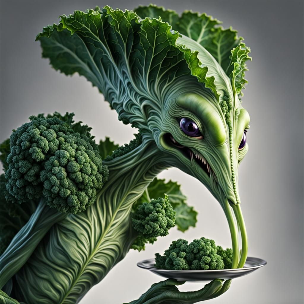 Kale-Eating Alien Portrait in Hyperrealistic Style