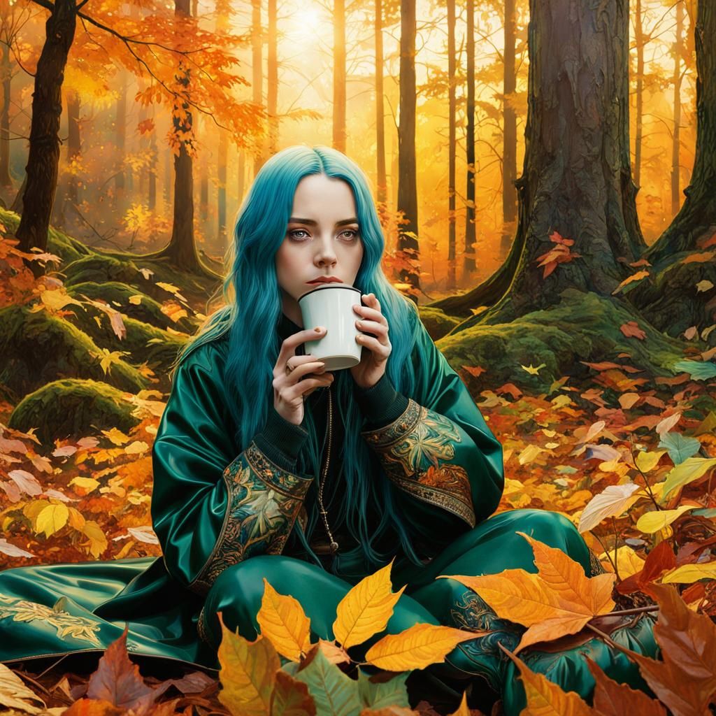 Billie Eilish in Autumn Forest, Watercolor Style