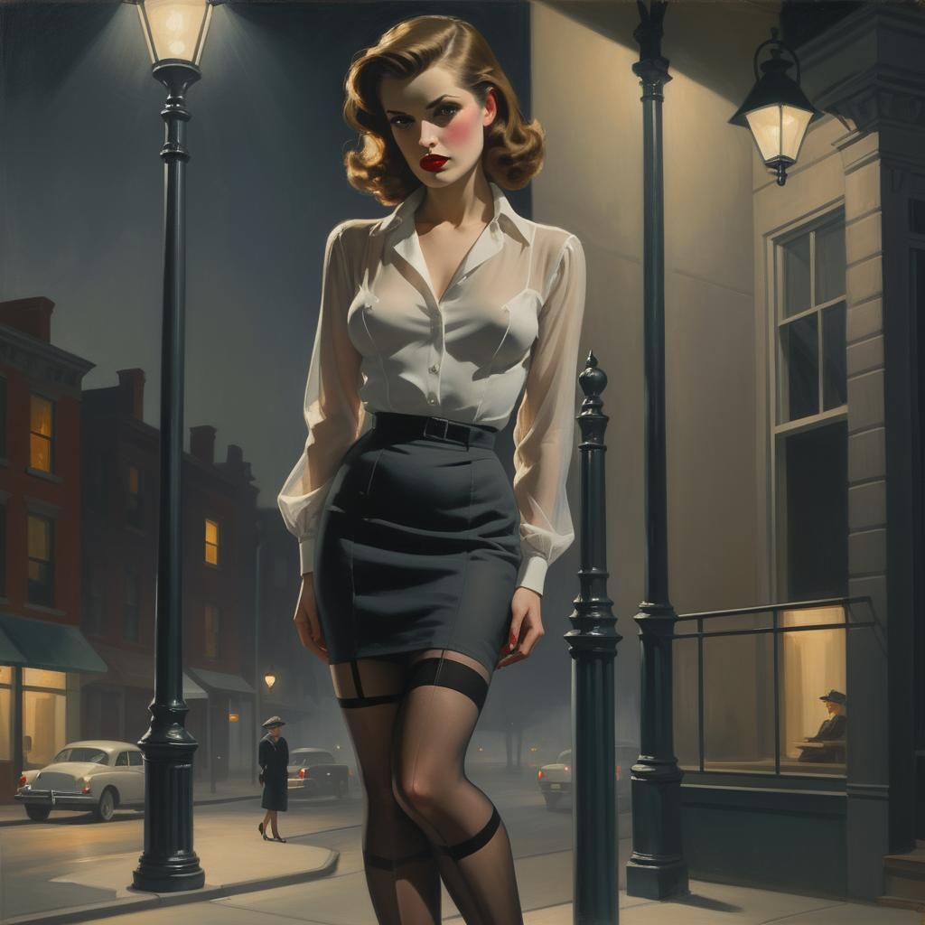 Noir Femme Fatale Under Streetlight as Oil Painting