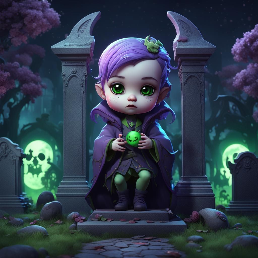 Chibi Vampire Girl in Purple Cemetery Art