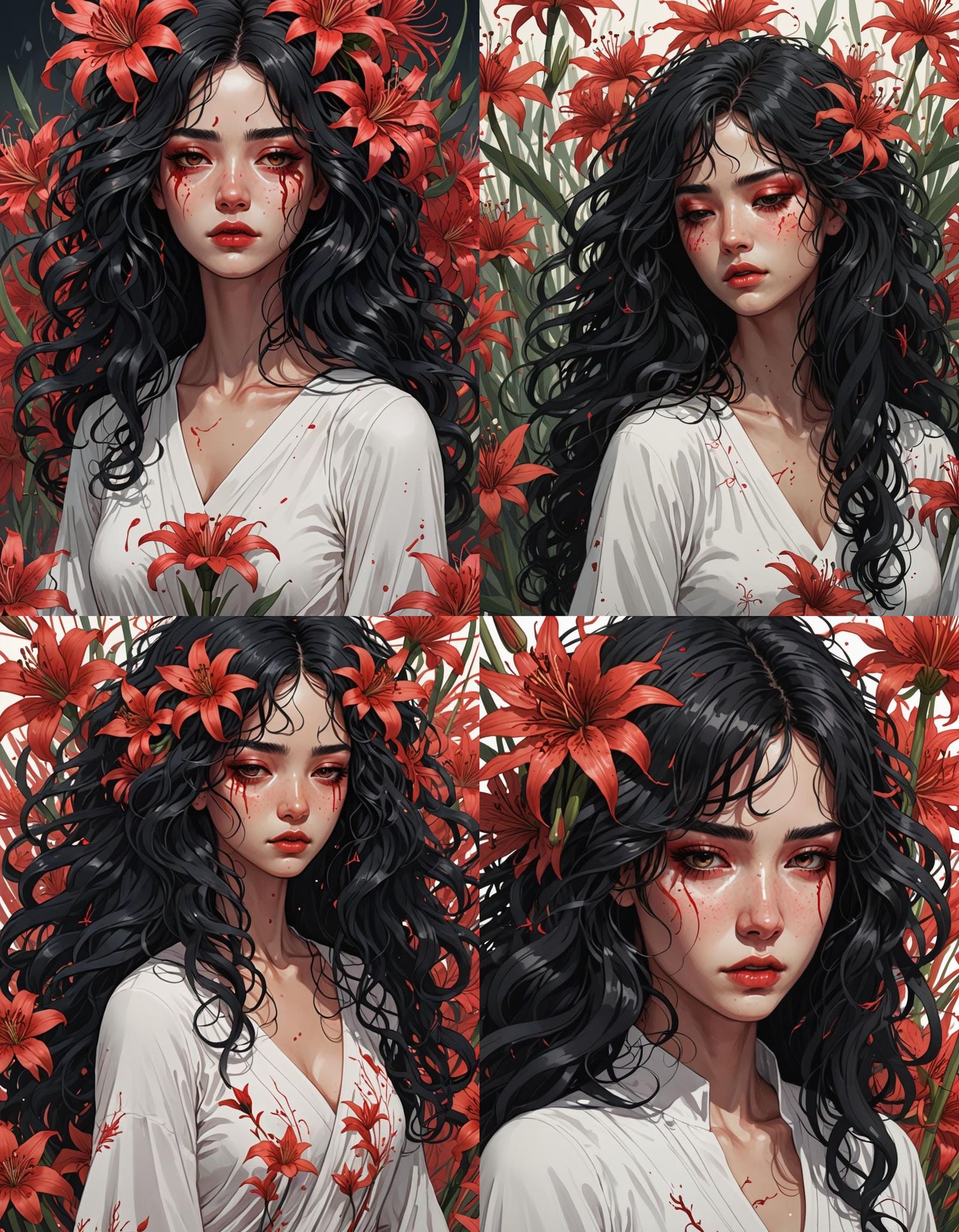 Girl Crying Blood Surrounded by Spider Lilies