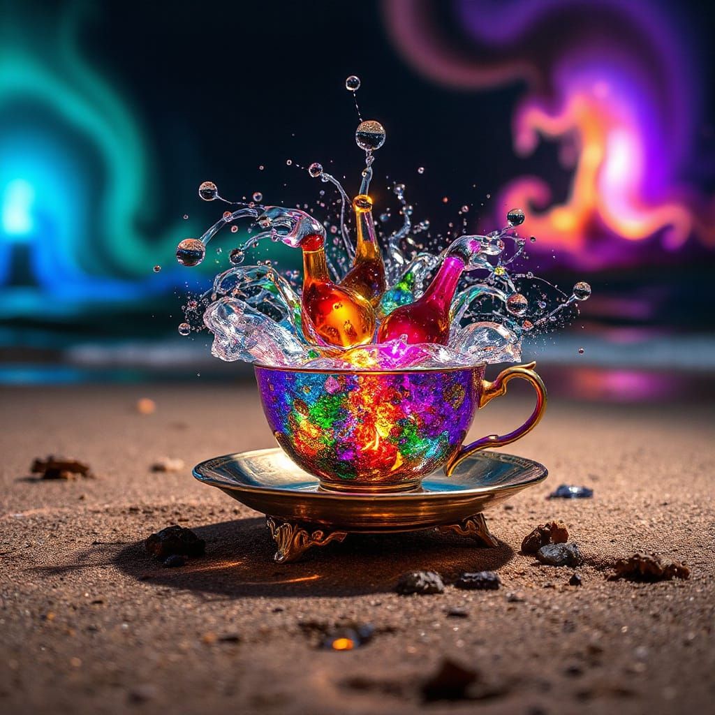 beautiful surreal sculptures on a beach made of Spinning col...