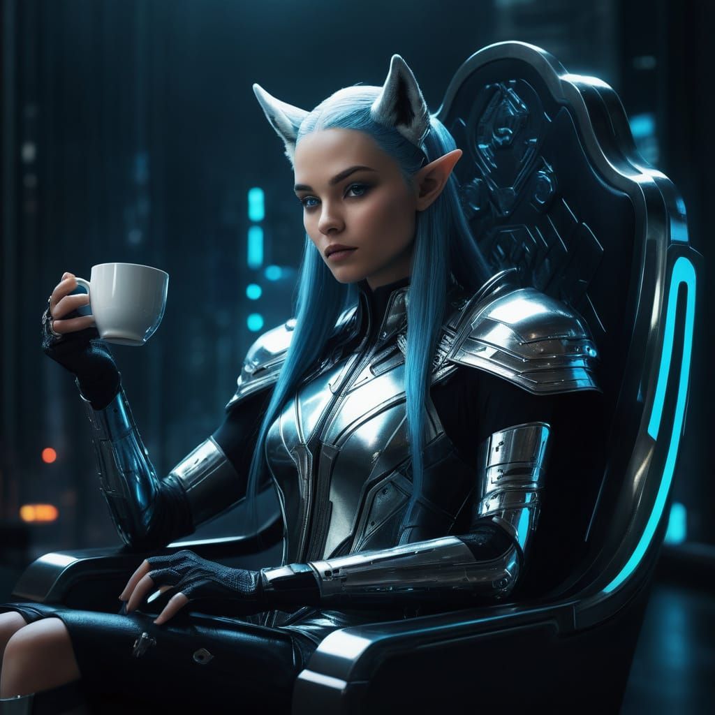 Cyberpunk Elven Queen Sipping Tea on Chrome Throne