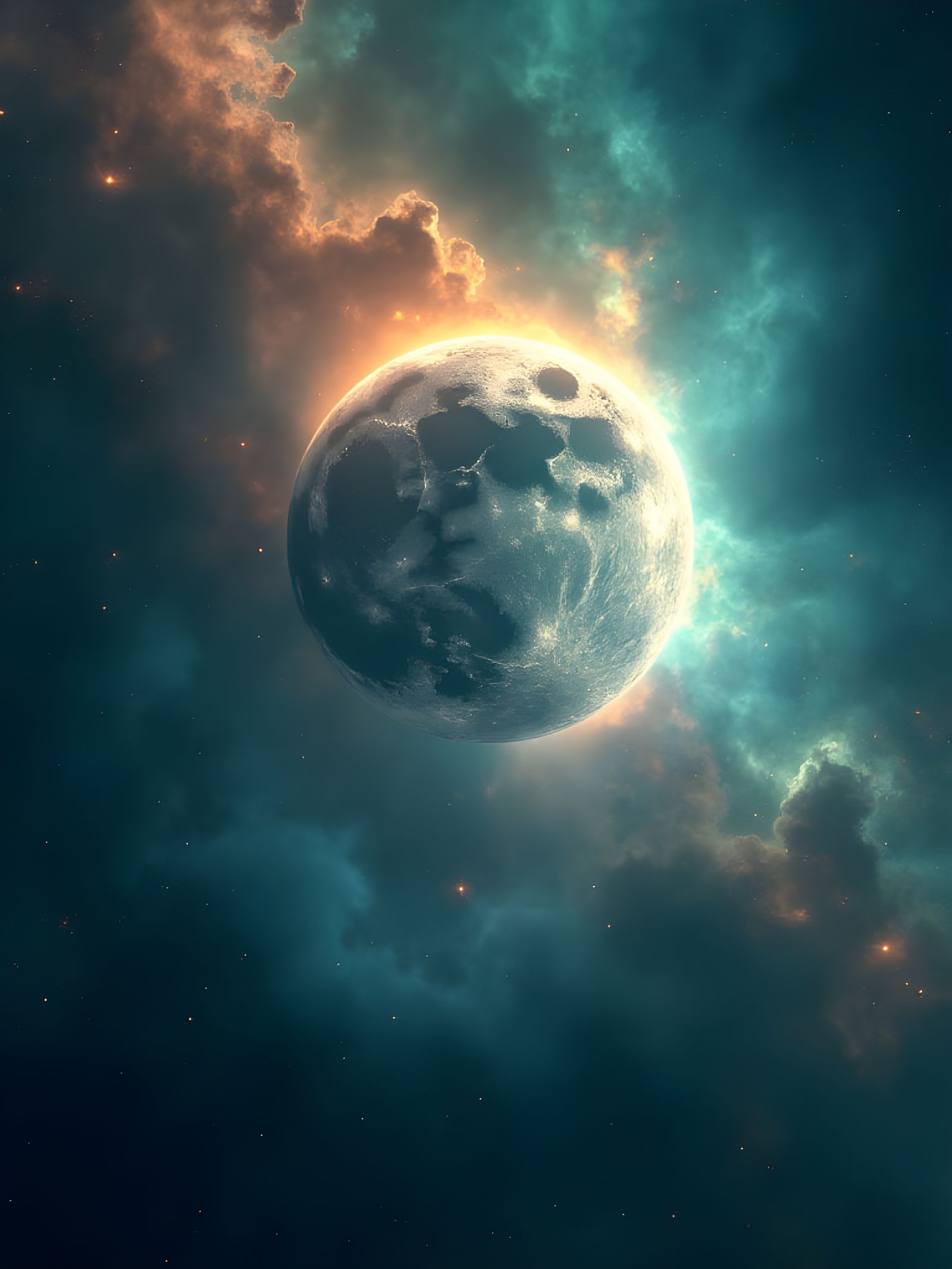 Cosmic Nebula Explosion: Sapphire, Emerald, and Gold Hues