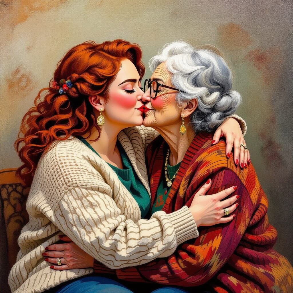 Elderly Lesbian Couple Kissing in Expressive Art Style