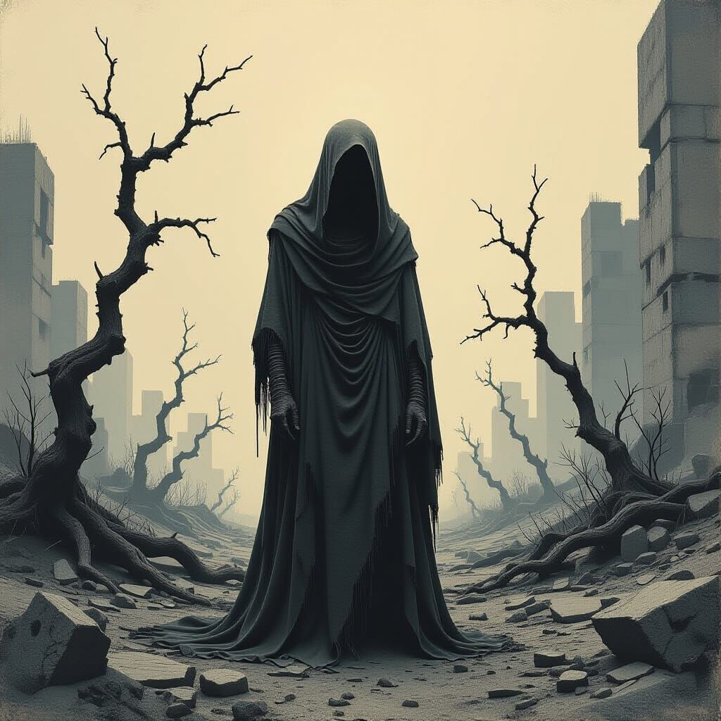 Brutalist Landscape With Gaunt Figure in Ink Blot Style