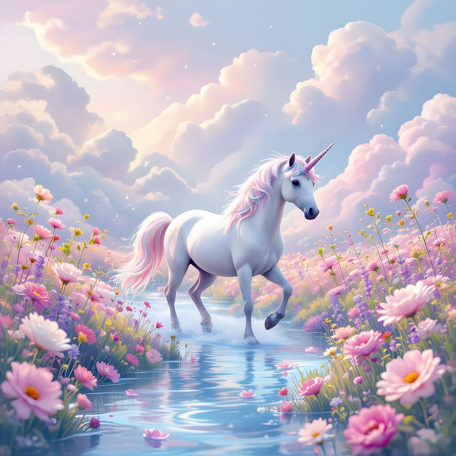Magical Unicorn in Pastel Watercolor Dreamscape