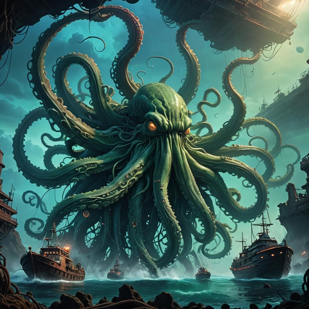 Colossal Kraken Emerges from Deep: Digital Matte Painting