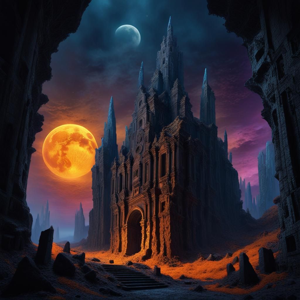 Haunted Monastery Under Black Moon: Beksiński-Inspired Art