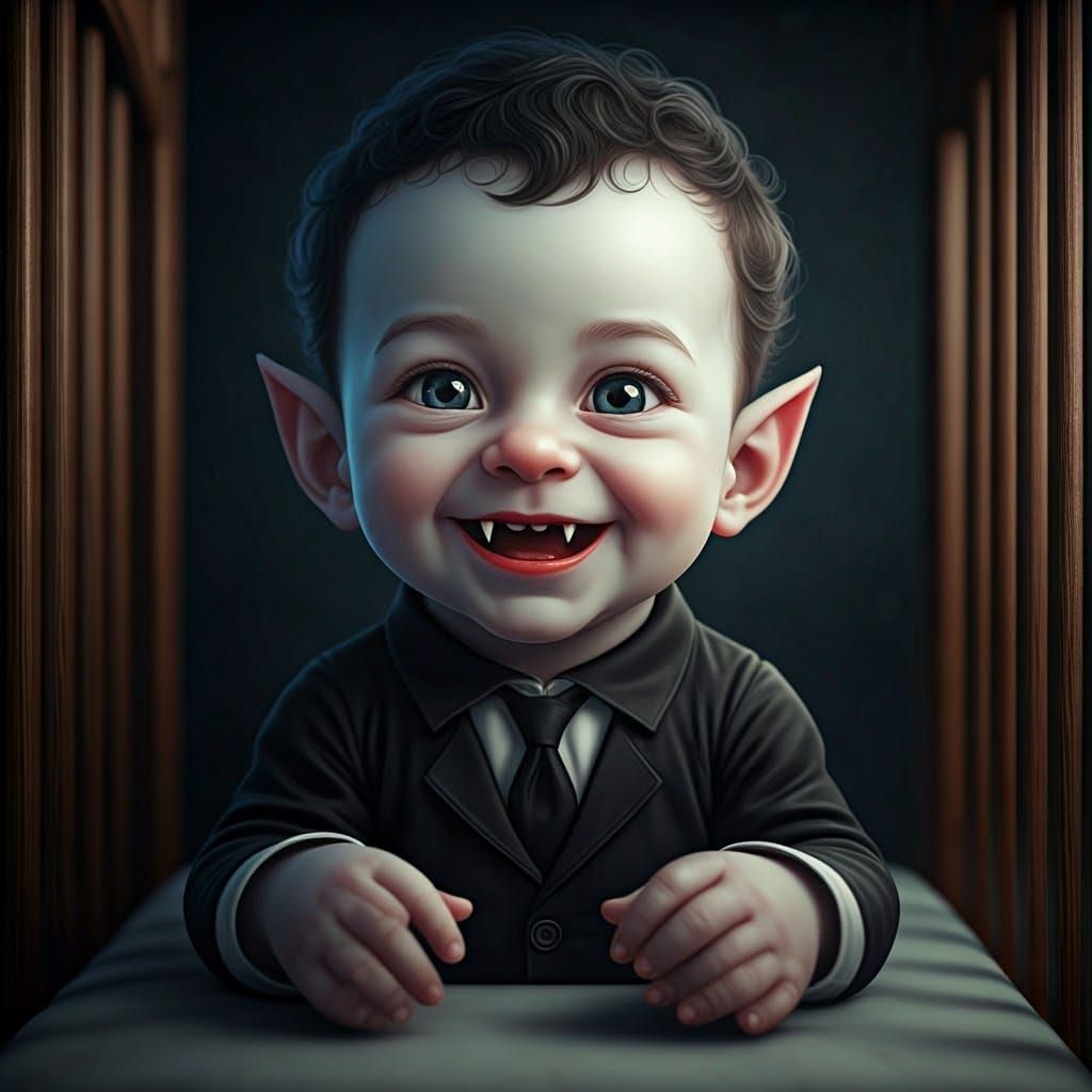 Cute Baby Vampire with Fangs in Crib