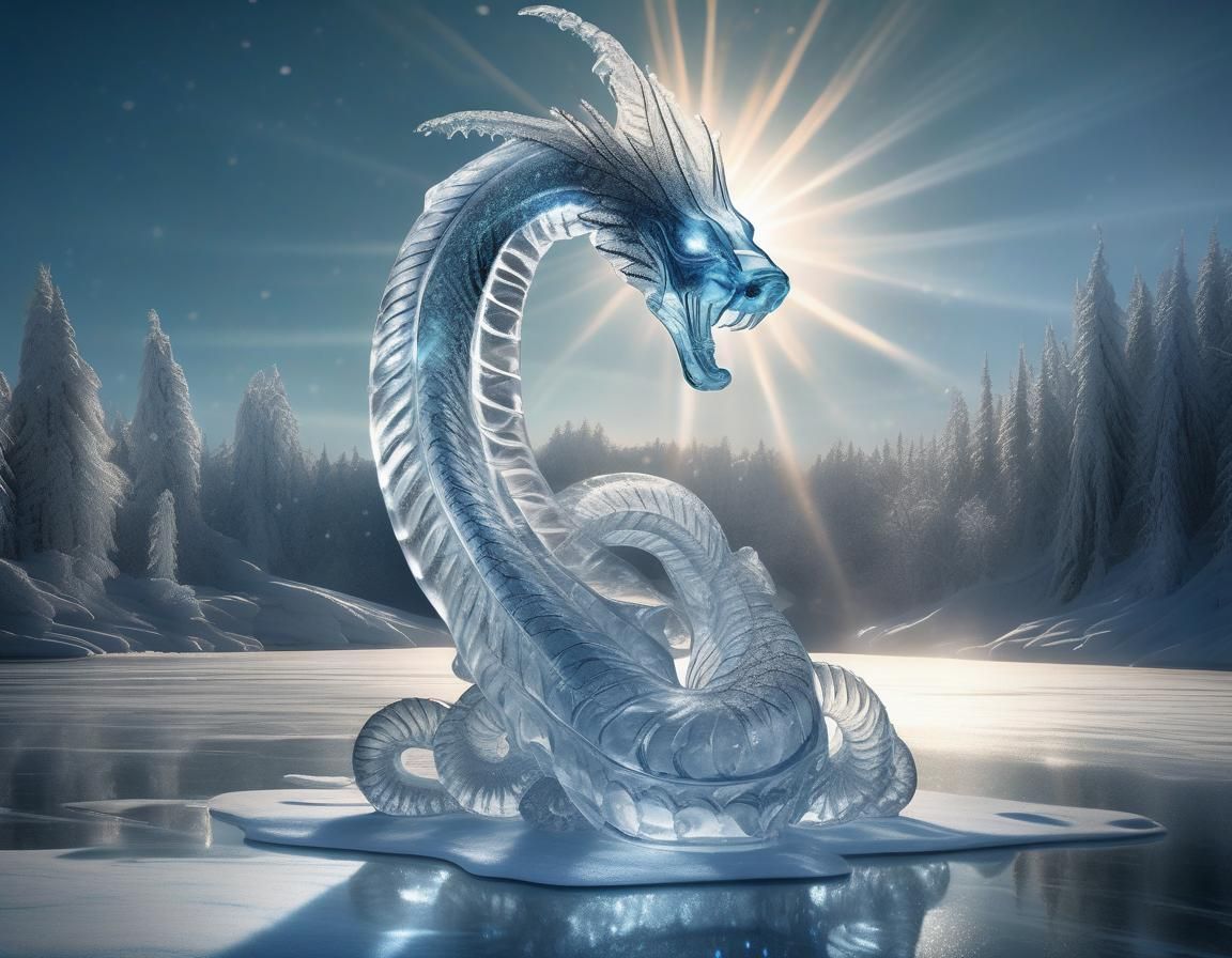 Intricate Ice Sea Serpent Sculpture on Frozen Lake