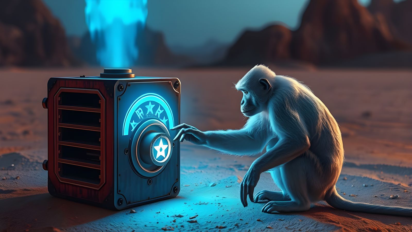 Monkey Activates Glowing Box in Desert, 3D Render