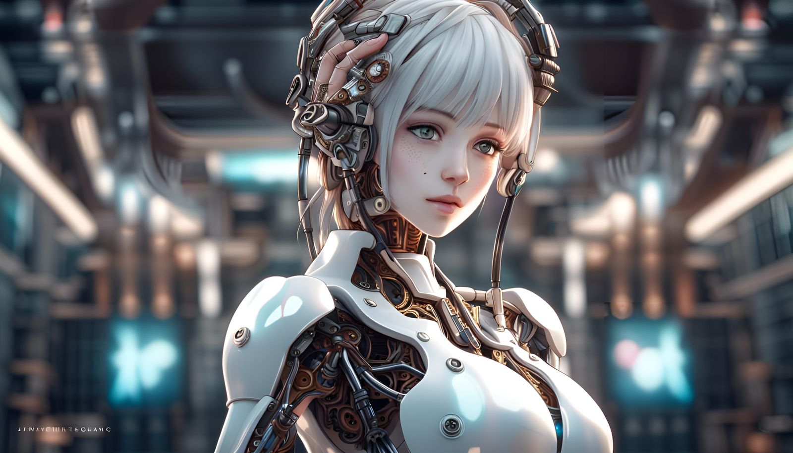 Anime Robot Girl Holding Head in Japanese Manga Style