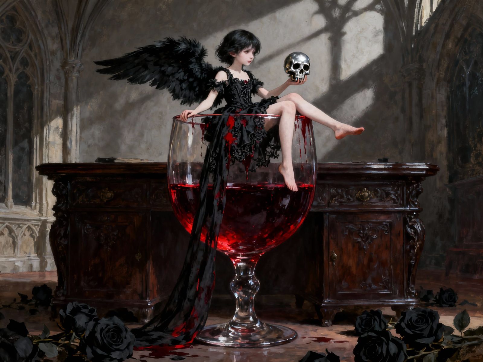 Gothic Angel in Wine Glass, Oil Painting