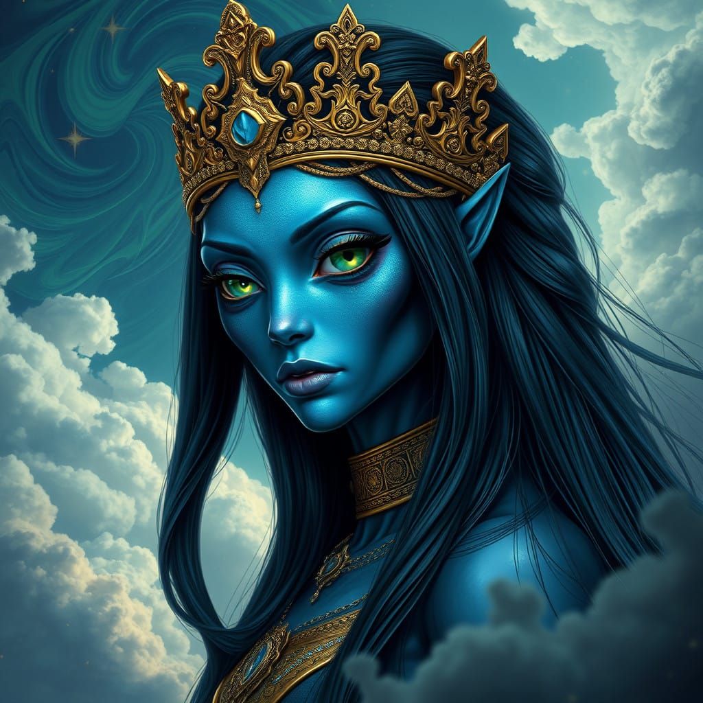 Majestic Arcturian Queen with Iridescent Blue Skin and Golde...