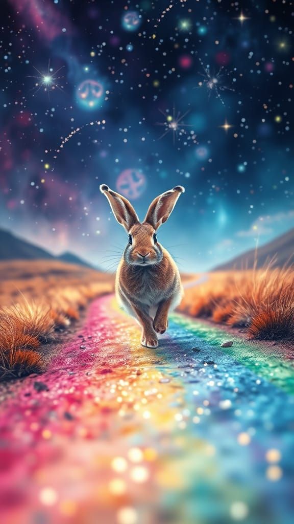 Rabbit on Sparkling Bifrost Road in Stylized Watercolor