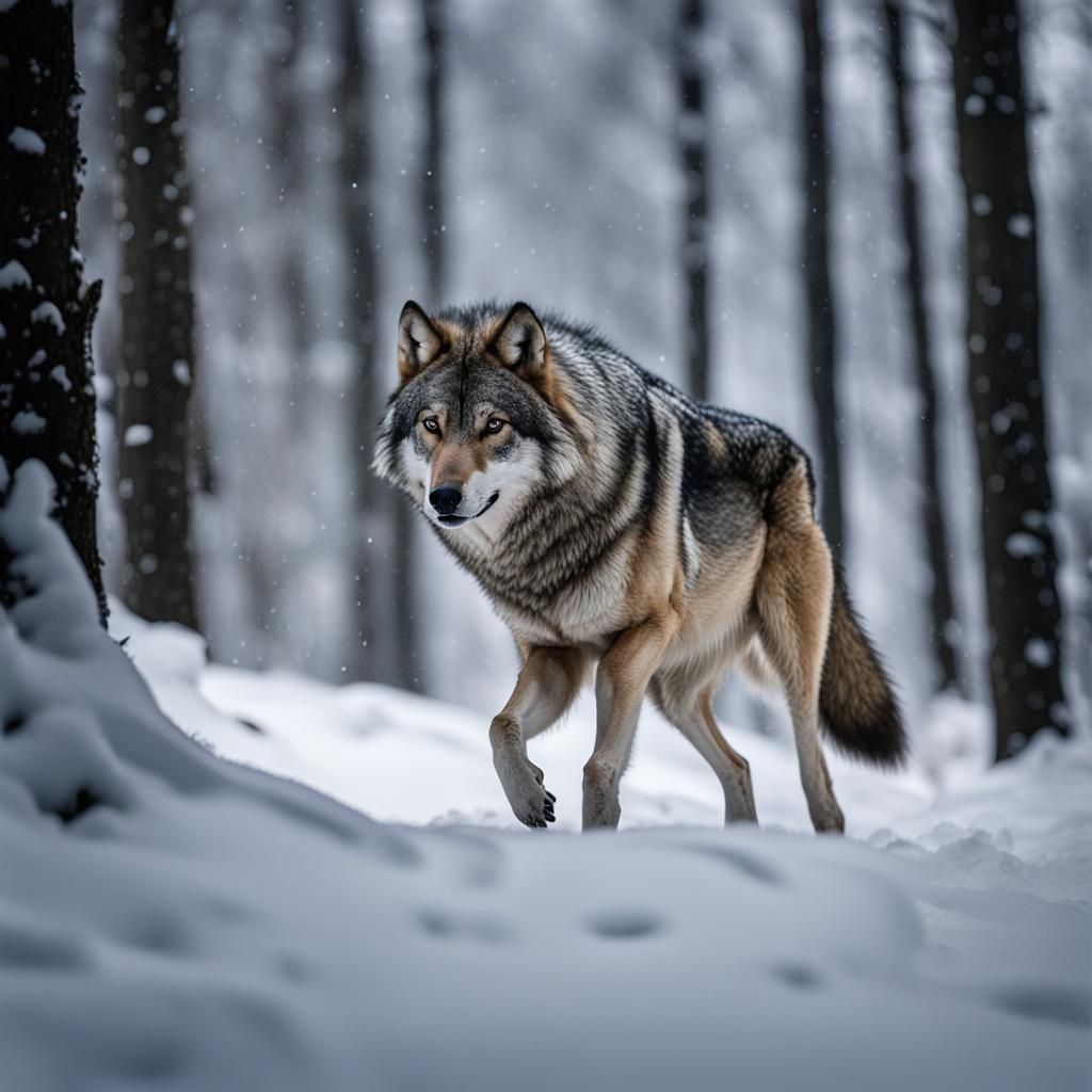 Wolf in Winter Forest at Twilight