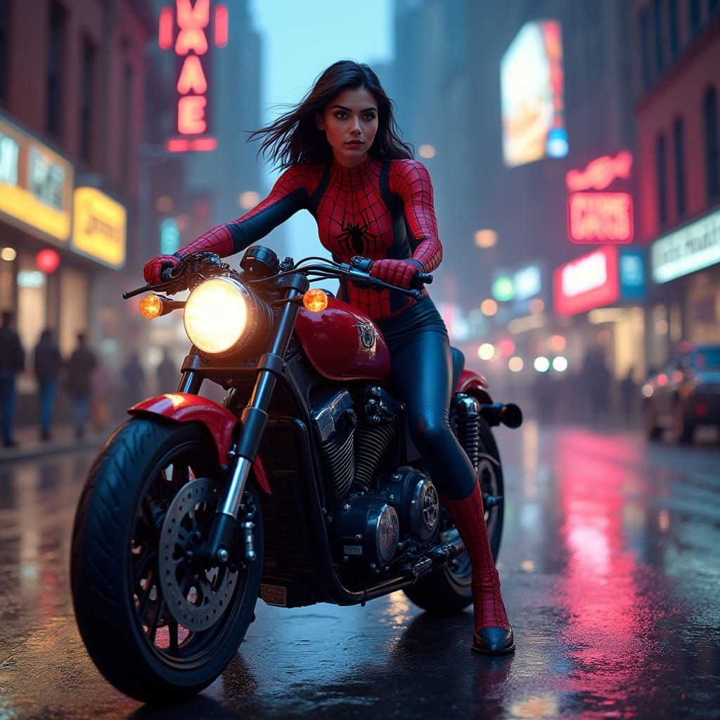 Spider-Woman Rides Motorcycle Through Neon NYC