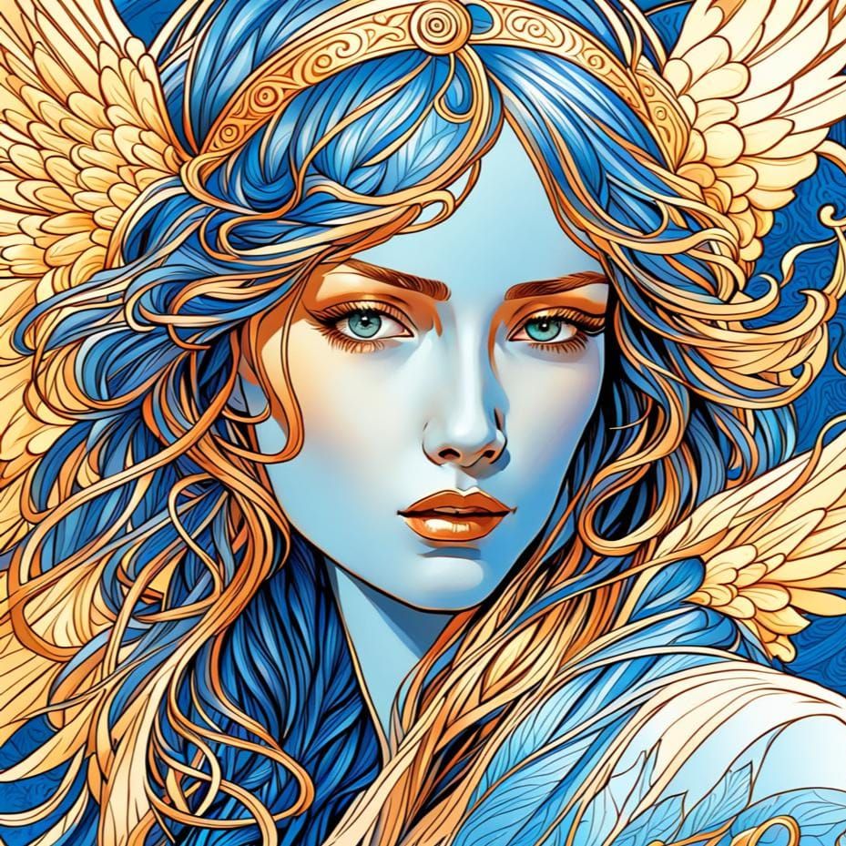 Ethereal Angel with Elegant Wings in Art Nouveau Style