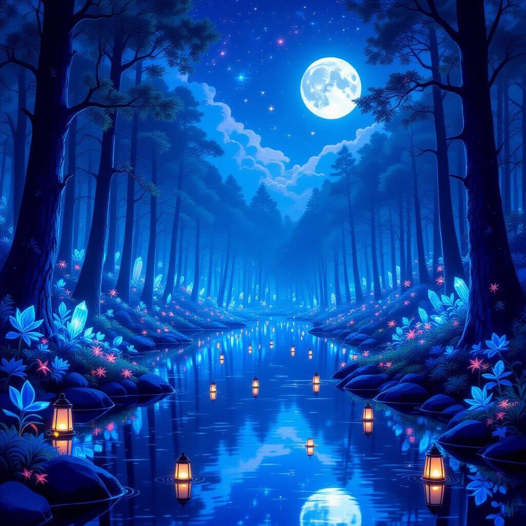 Bioluminescent Crystal Forest Under Cosmic Auroras