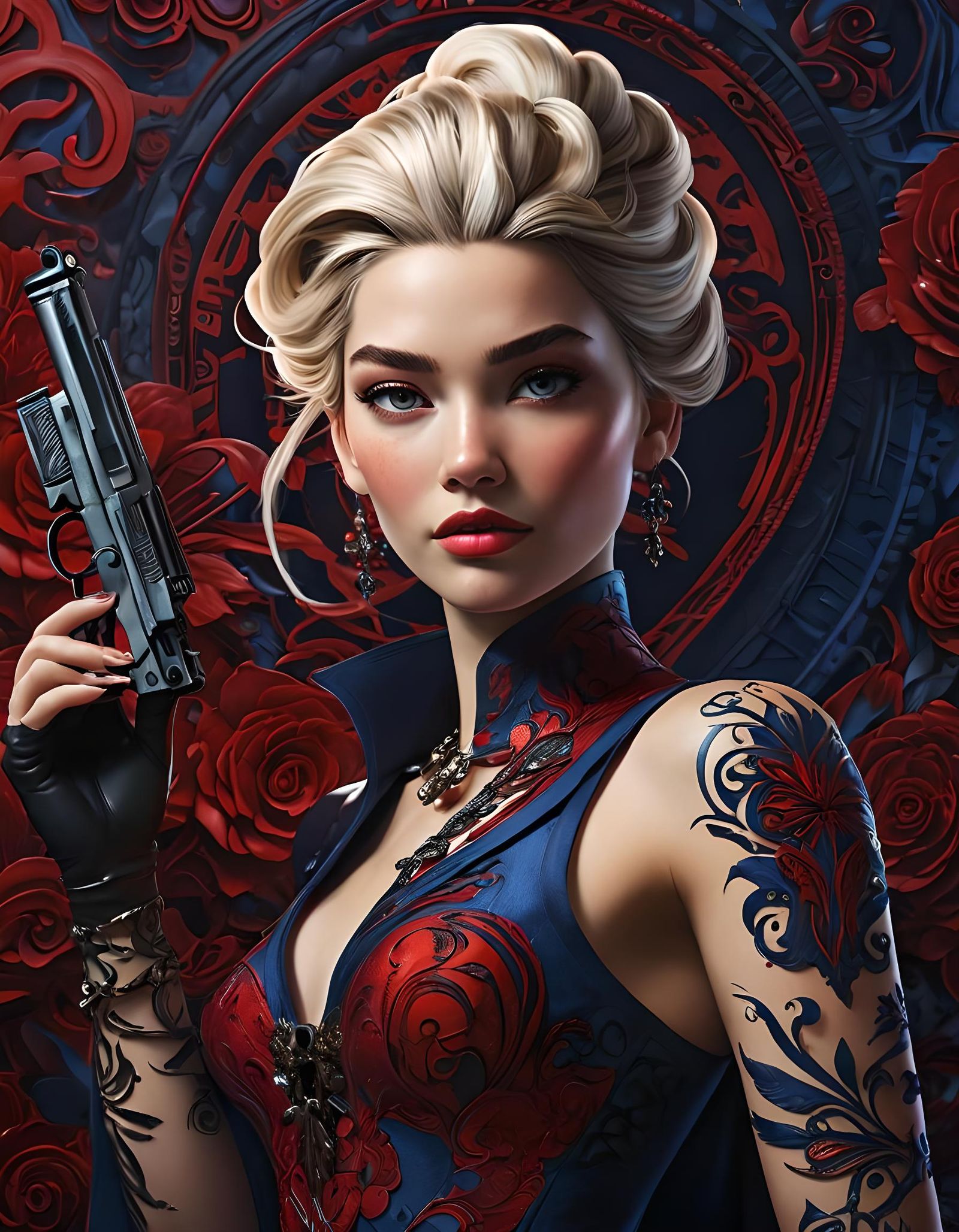 Elsa Reimagined as a Femme Fatale in Sumi-e Style