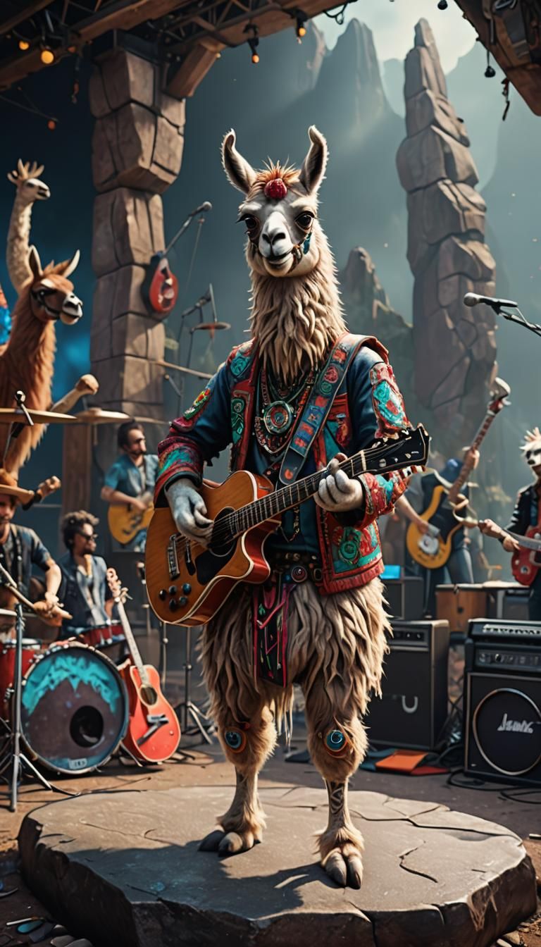 Llama Rock Star on Stage: Digital Art