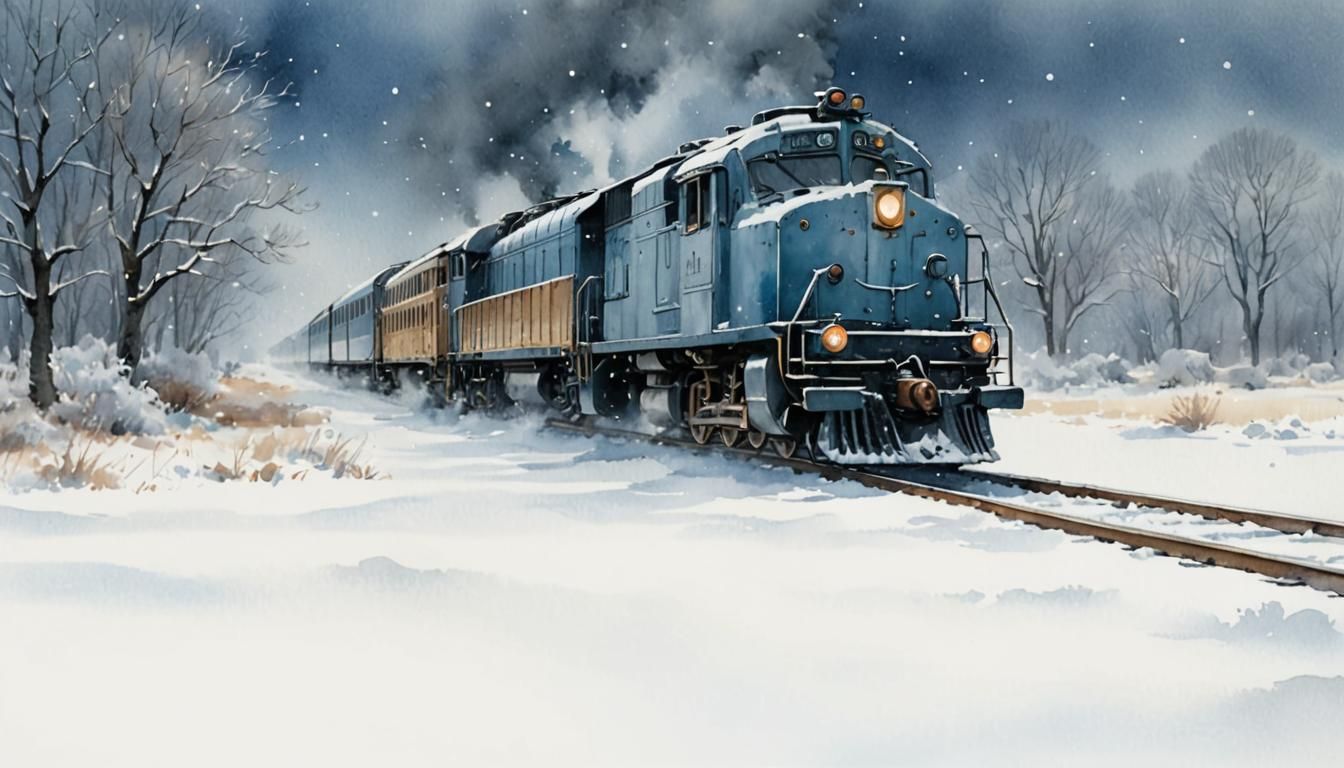 Snowy Train Journey in Whimsical Watercolor Style