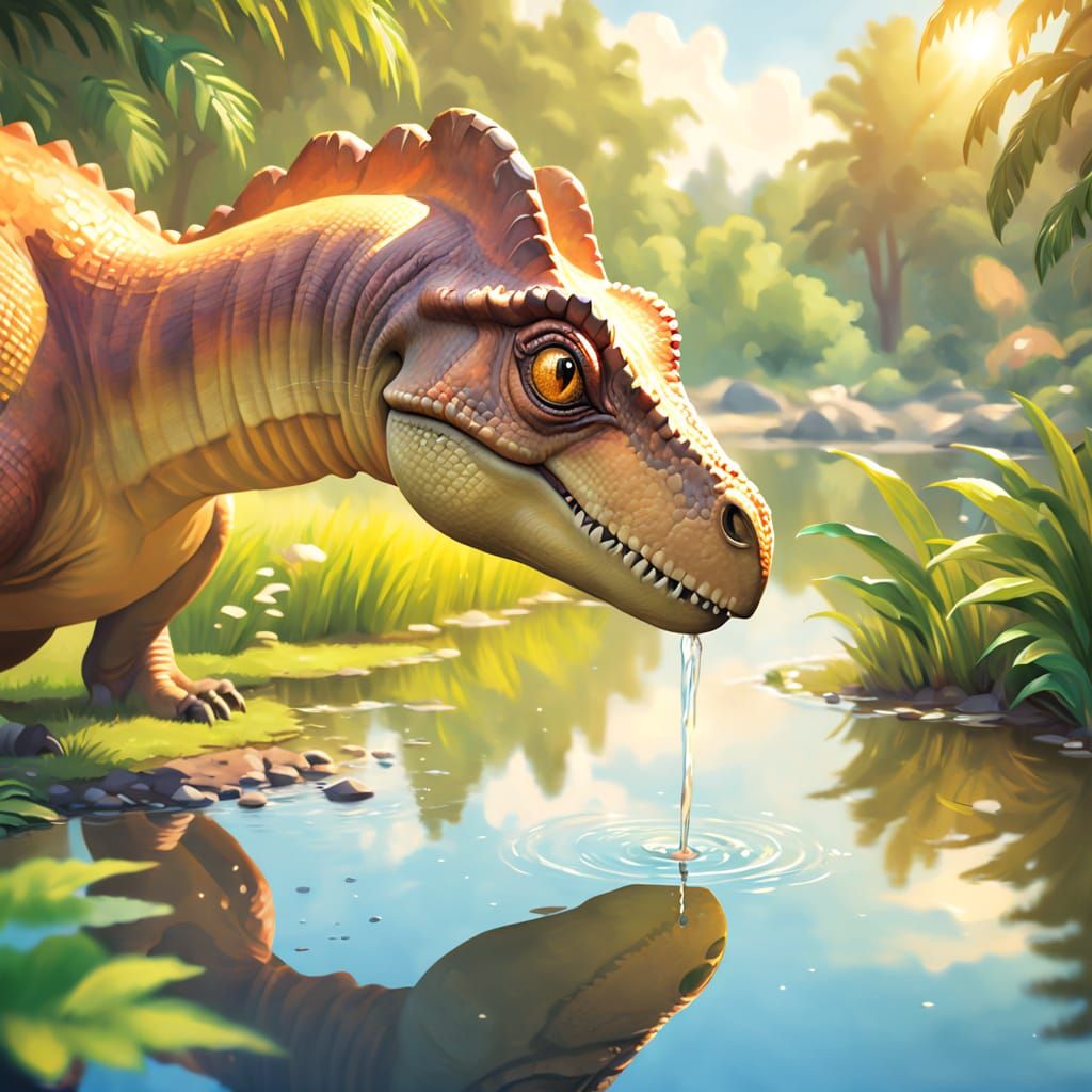 Hadrosaur Drinking: A Stunning Oil Painting