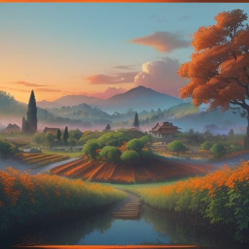 Serene Sumi-e Inspired Scene of a Fruit Gardener in a Tradit...