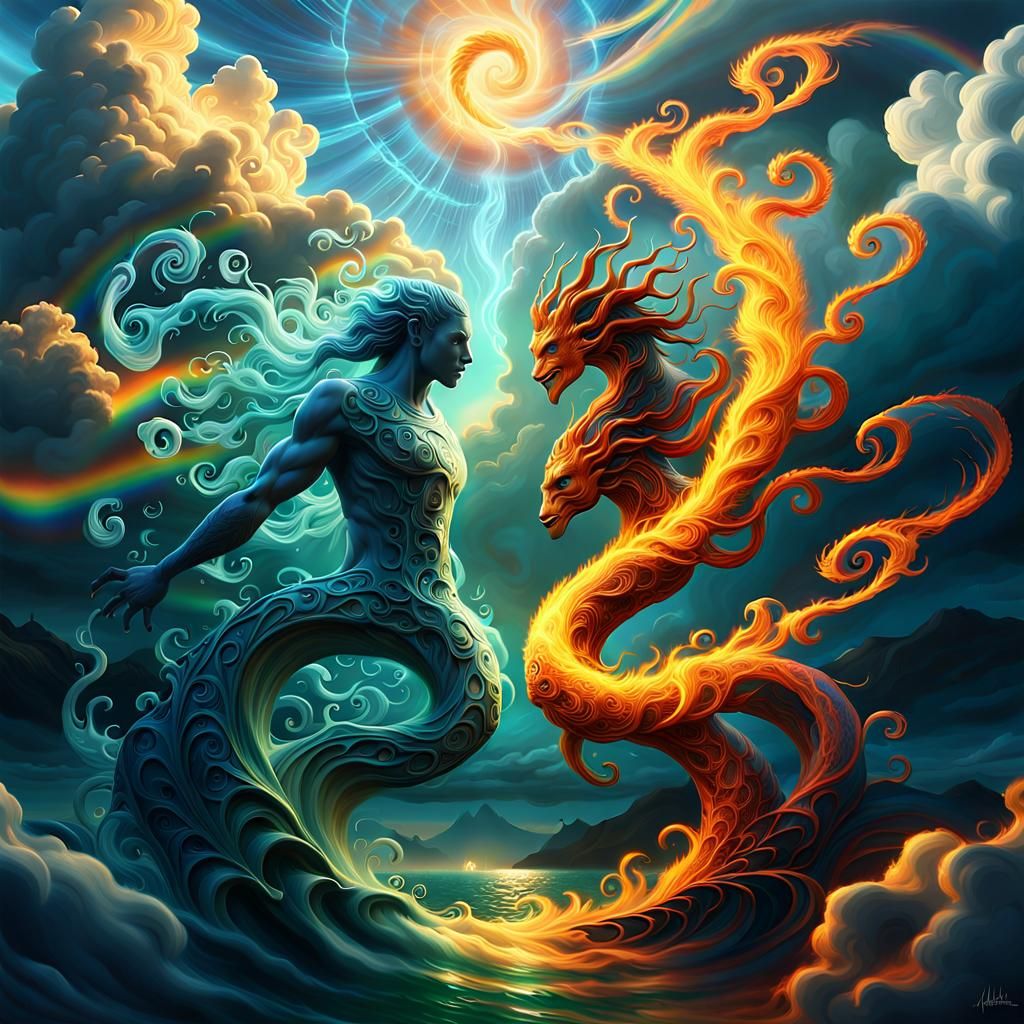 Surreal Water Spirit Meets Fire Spirit in Swirling Cinematic...