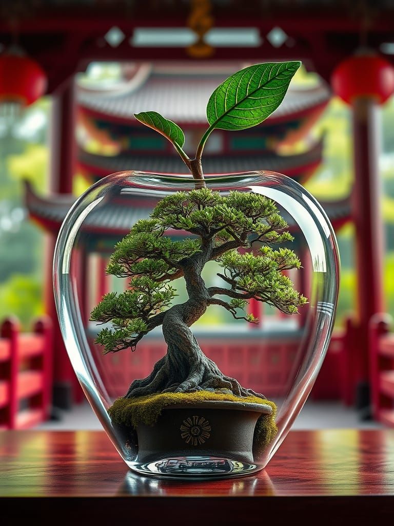 Double Exposure: Bonsai Tree in Glass Apple