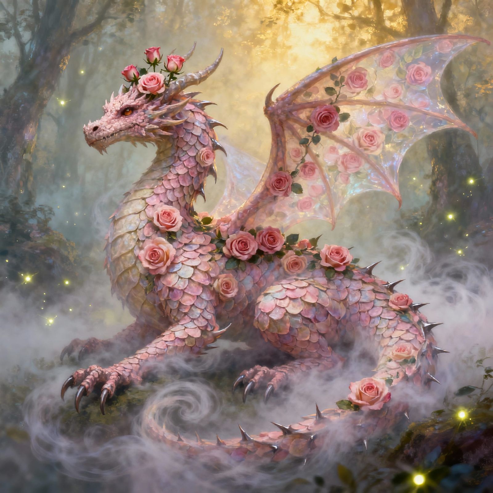 Ethereal Dragon of Roses in Misty Fantasy Landscape