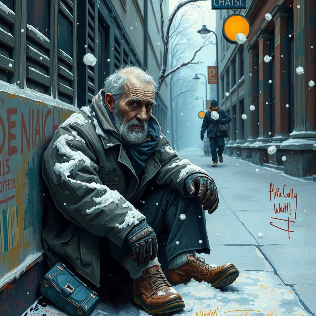 Homeless Man in Snow, Impressionist Style