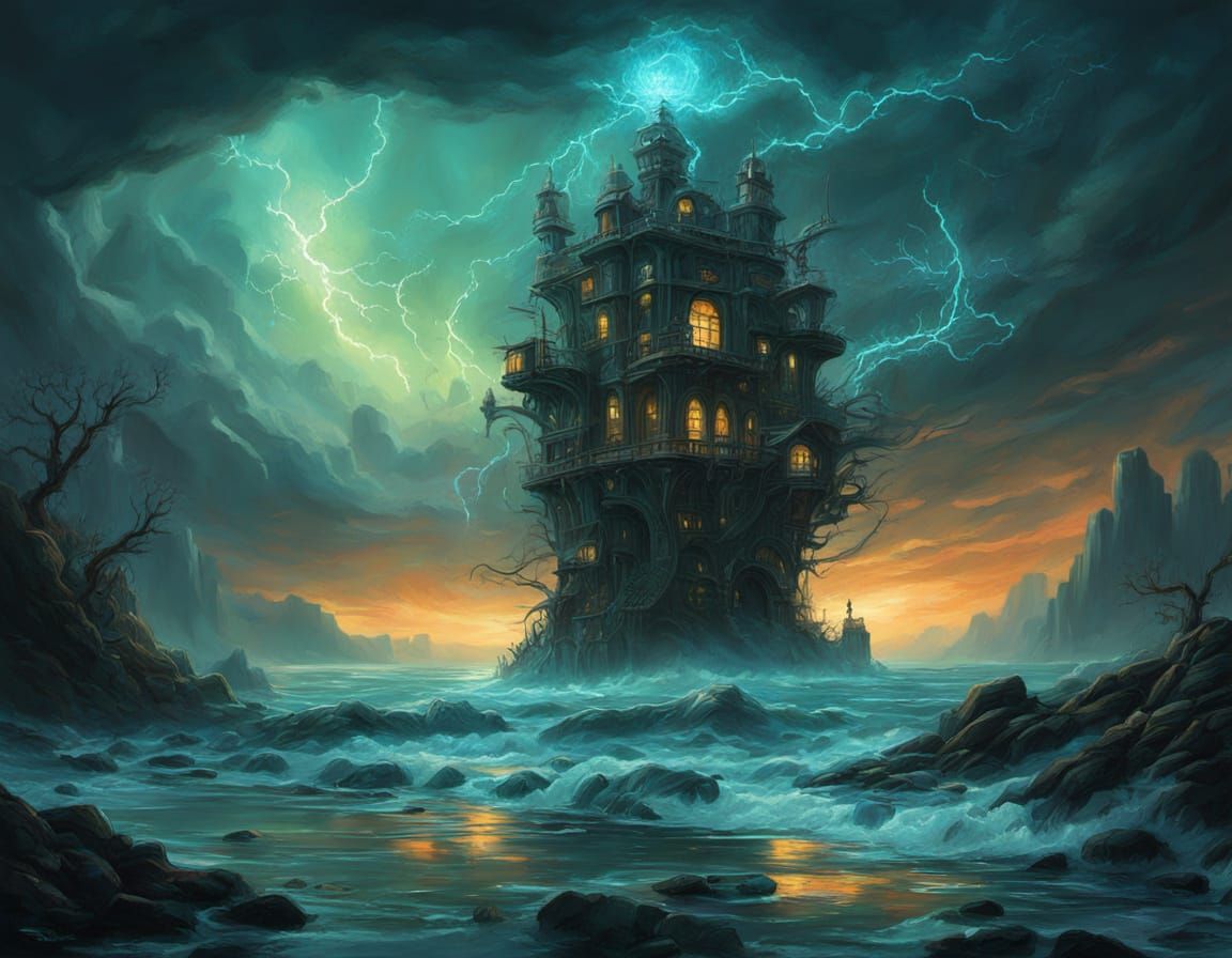 Surreal Clockwork Algae in Stormy Dawn