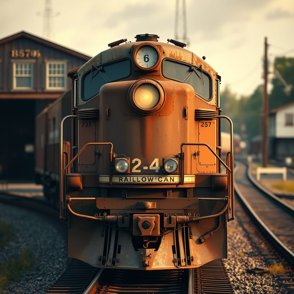 Vintage Train Yard Scene in Warm, Sun-Drenched Light
