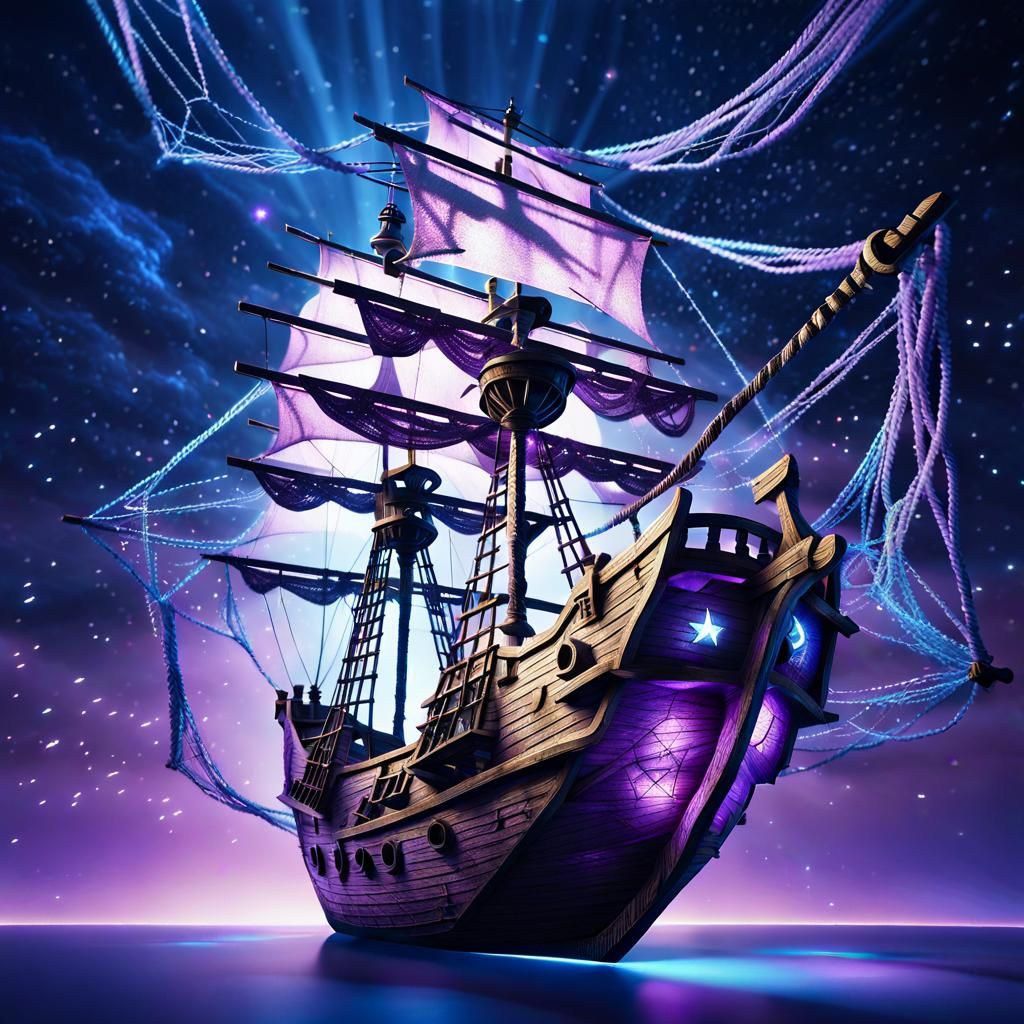 Surreal Twine Pirate Ship Kite in Starry Sky