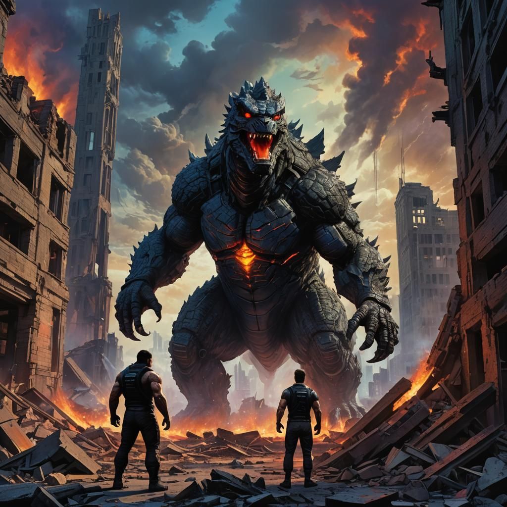 Godzilla and Man in Ruined City: Concept Art