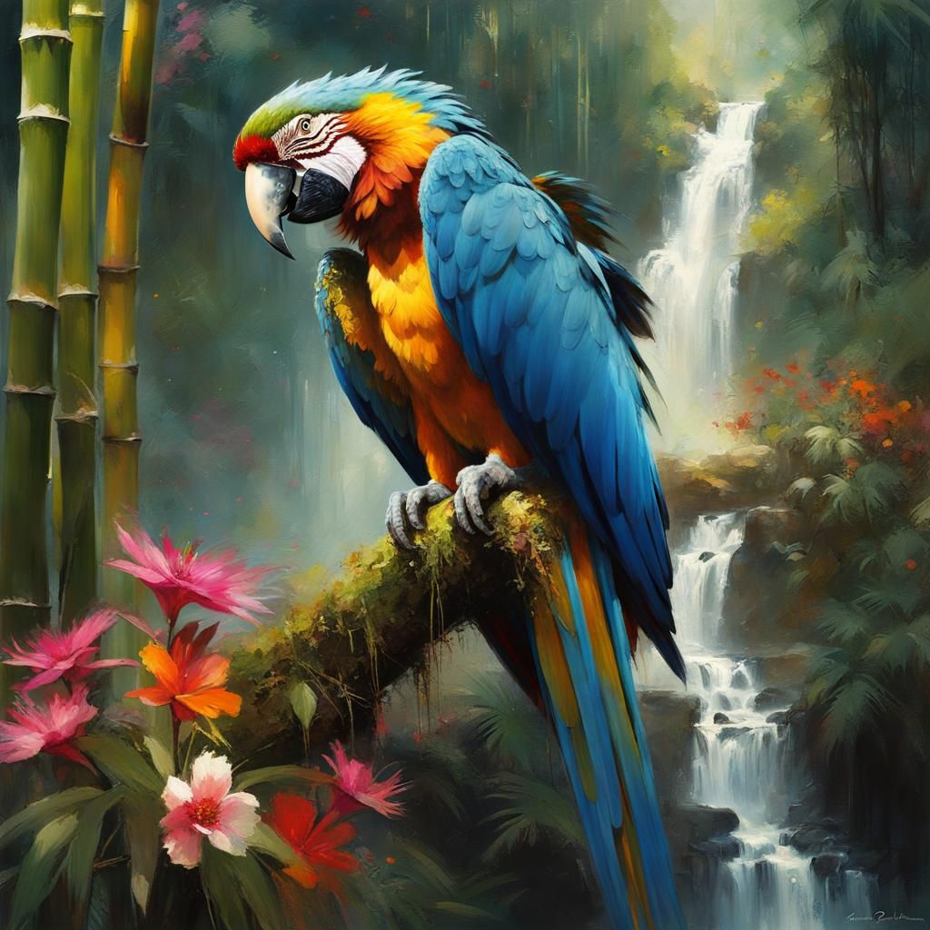Macaw in Bamboo Forest: Detailed Matte Painting