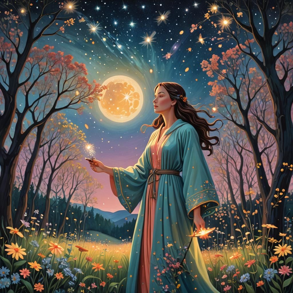 Ethereal Woman Under Starry Folk Art Sky