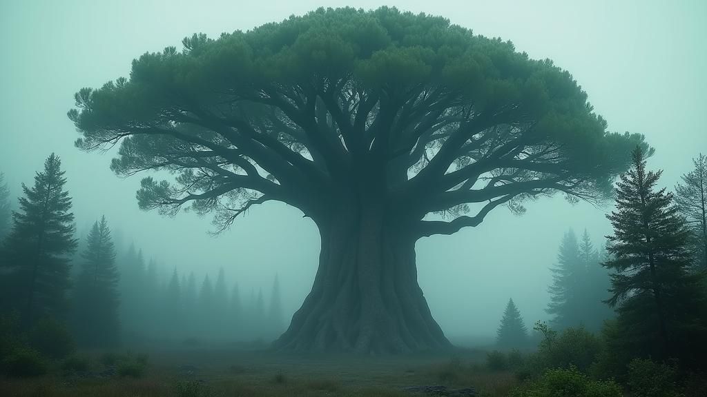 Gigantic Mutated Pine Tree in a Foggy Landscape