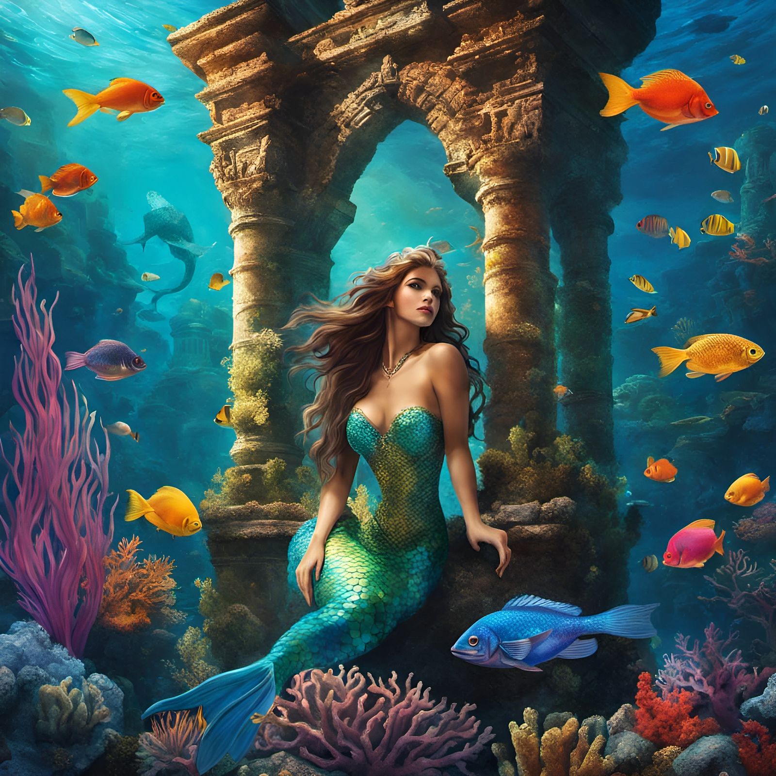 Mermaid underwater, background colorful fish and coral, underwater castle ruin, Hyperrealistic, splash art, concept art...