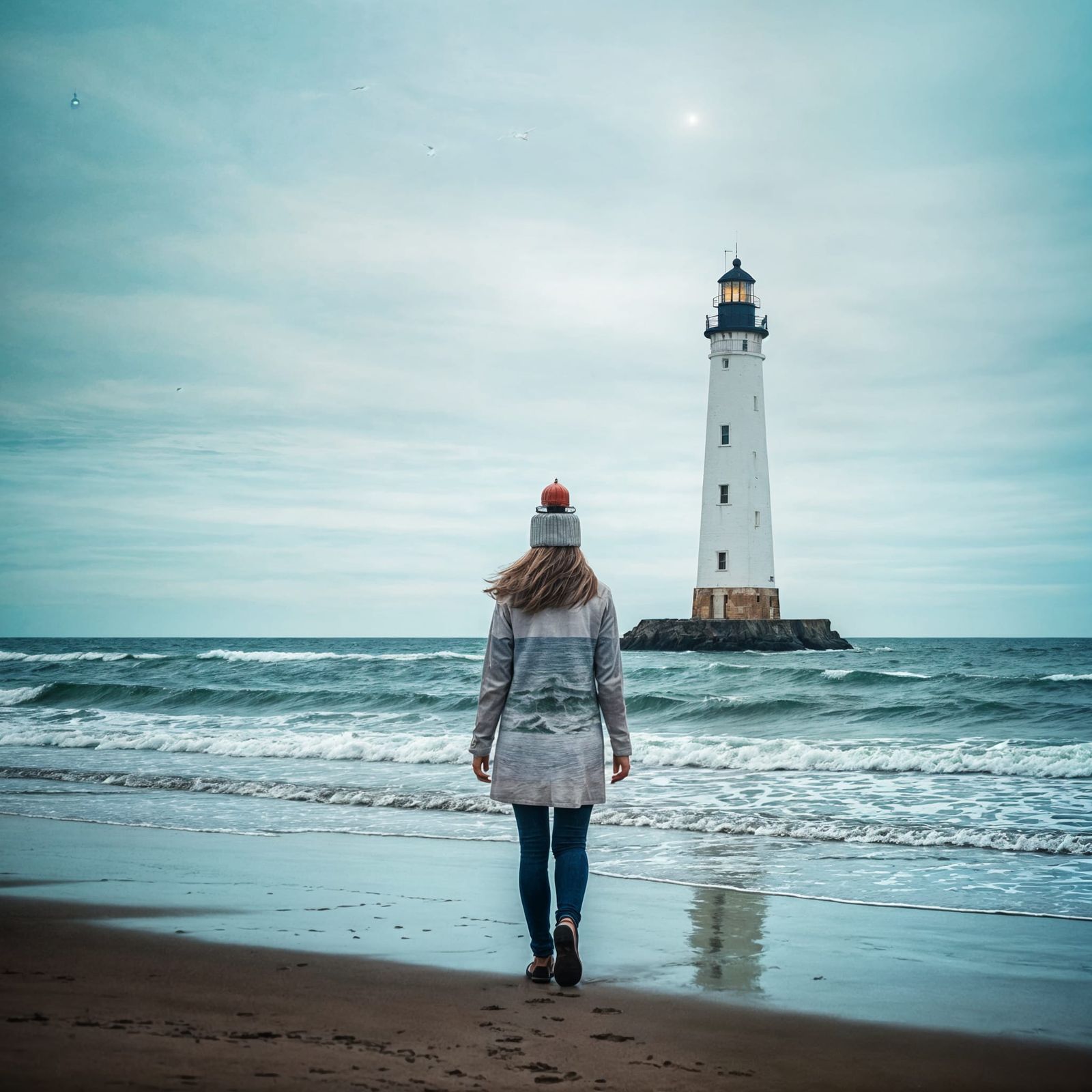 Watercolor Oceanscape with Lighthouse Double Exposure