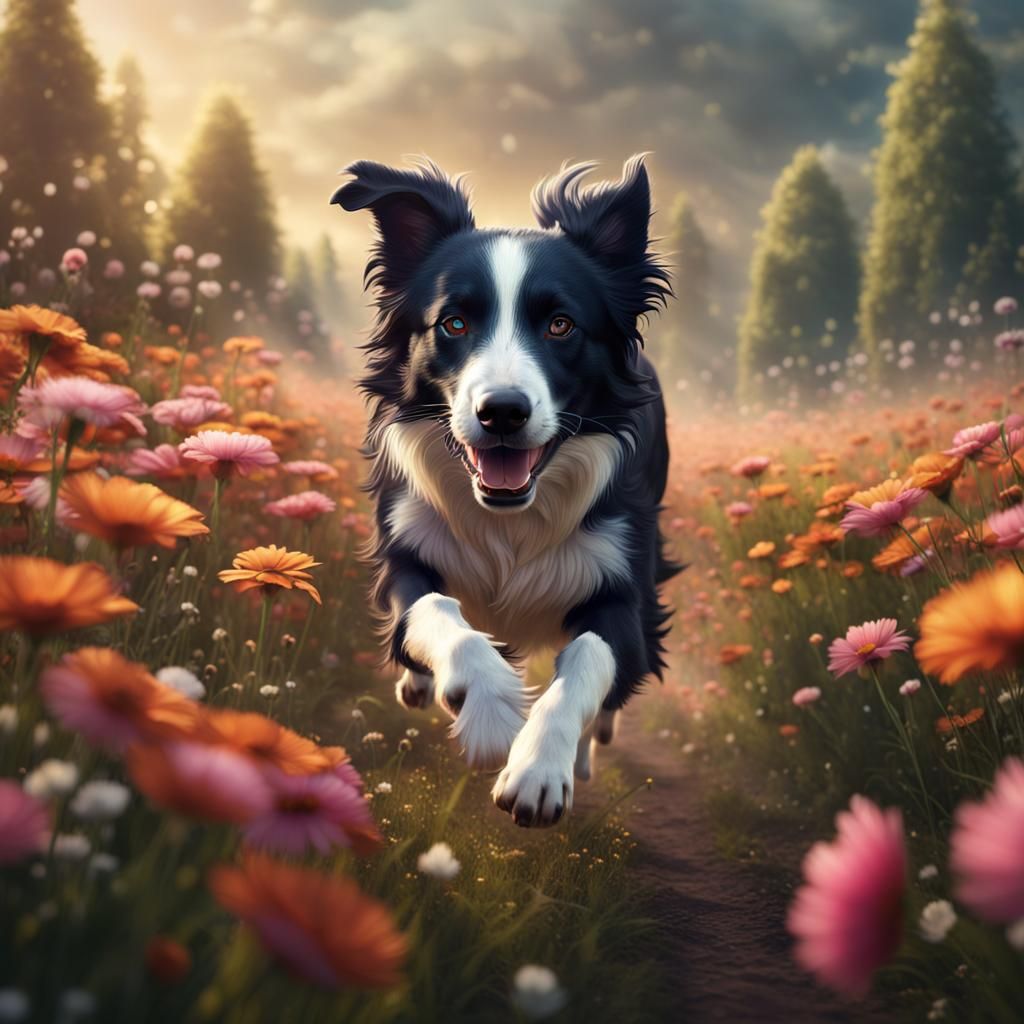 Border Collie Runs Through Flower Field in 8k