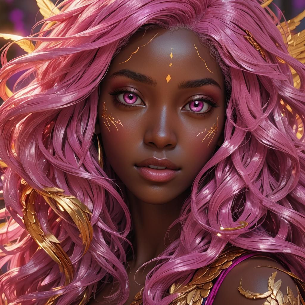 Anime Woman with Pink Hair and Golden Wings