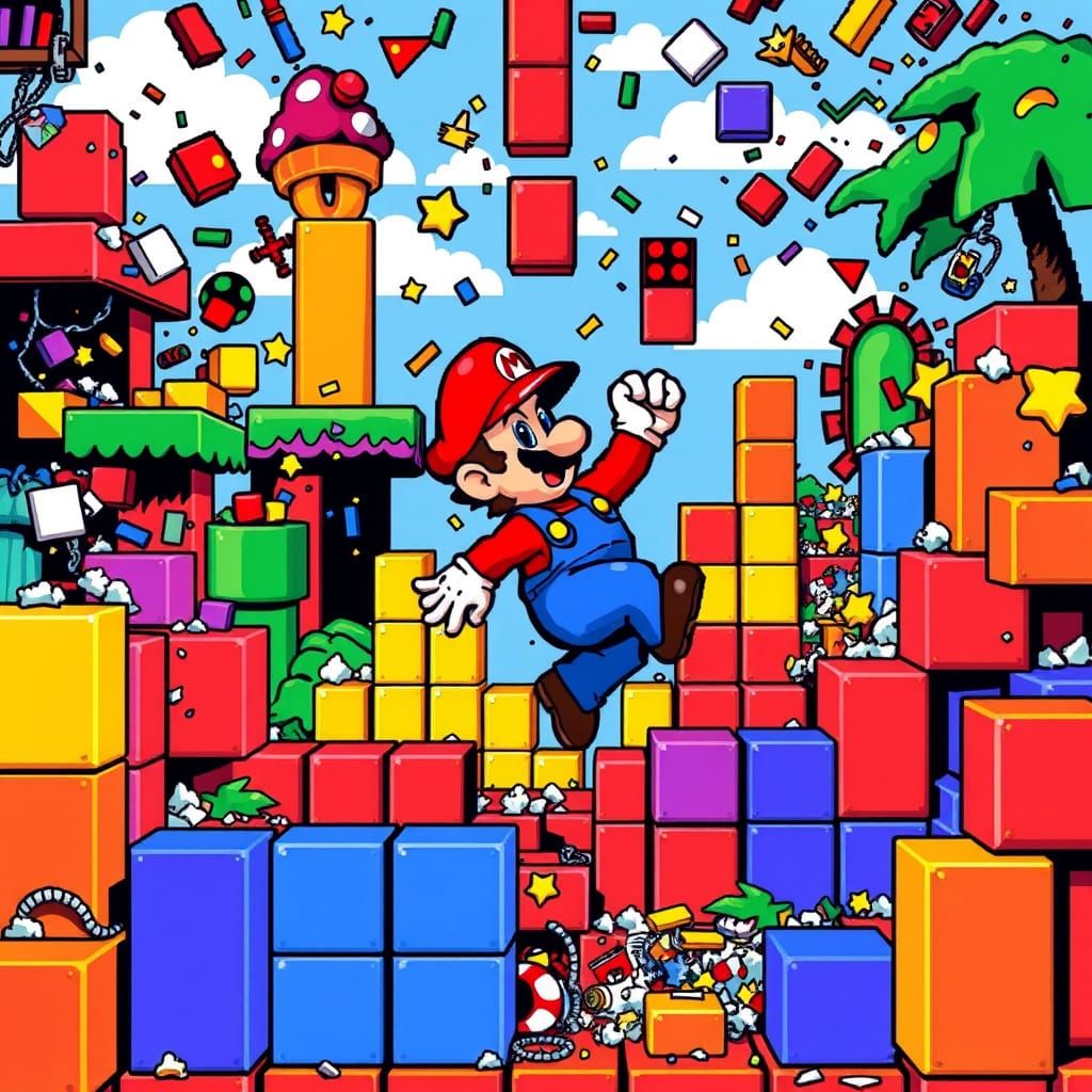 Pixelated Mario Battles Tetris Chaos in a Bootleg Game