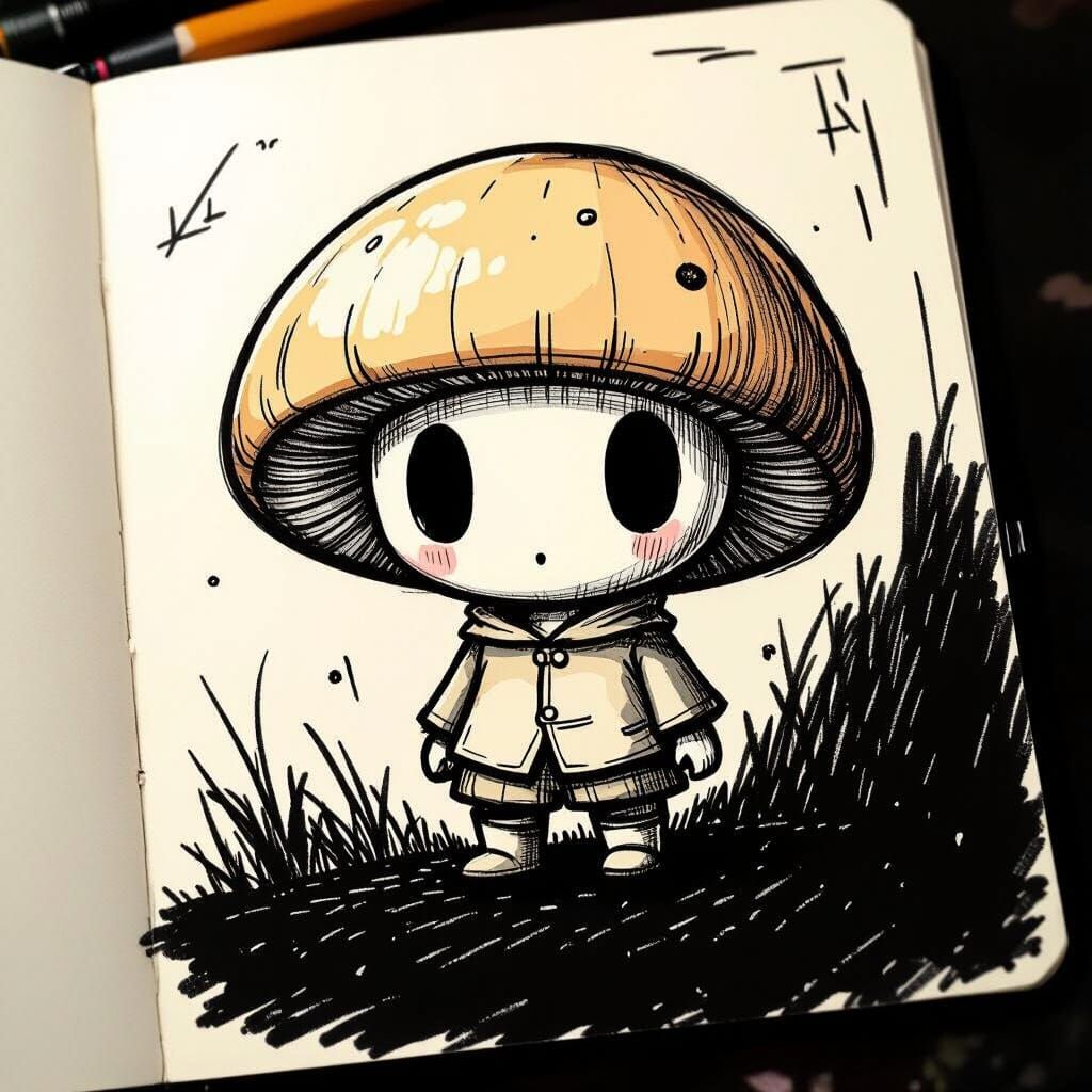 Chibi No Face Mushroom Sketch in Graphite Style